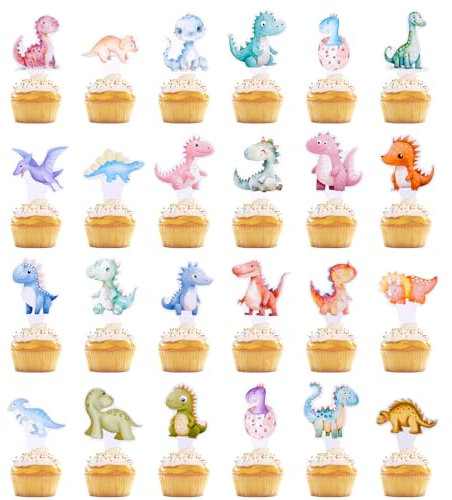 48pcs Dinosaure de Petit Gâteau Topper, Mignonnes de Dessin Animé Cupcake Pics Dinosaure pour Thème de Dinosaure Fête d'Anniversaire Baby Shower Décorations de Gâteaux Fournitures (24 Styles)