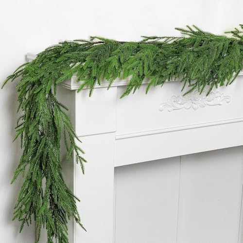1.8M/6FT Real Touch Norfolk Pine Garland, Artificial Christmas Garland with 50 LEDs, Faux Greenery Garland for Fireplace Mantle Stairs Window Indoor Outdoor Holiday Decoration