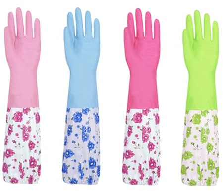 WATIIFUFU Thickened Waterproof Dishwashing Gloves 2 Pairs Flocking Lining and Drawstring Cuffs, Long Pvc Kitchen Cleaning Gloves for Household Dishwashing and Home Use Random Color