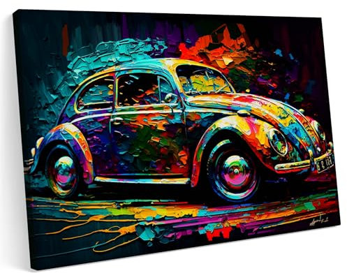 Printonia Leinwandbild m Bild auf Leinwand 120x80 VW Käfer Classic Oldtimer Neon Abstrakt Bunt