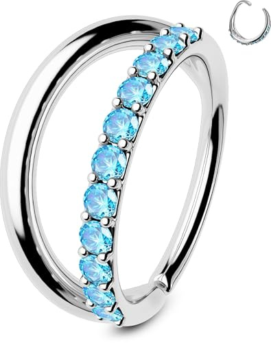 OUFER 20G näspiercing CZ transparent/blå/rosa piercing näsa dam ring 8 mm sömlös öppen dubbel linje näsring piercing näsa ögla broskörhänge, 20G8mm, Metall, Kubisk zirkon