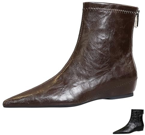 Women's Leather Stitching Details Invisible Wedge Ankle Booties Retro Handmade Pointed Toe Invisible Height Increasing Back Zippers Flat Dress Short Boots for Work Walking (Brown,8.5,8.5)