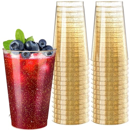 [100 Pack] 12oz Plastic Cups with Gold Glitter Sturdy & Food Safe Plastic Wine Glasses Disposable Cups Wedding Cups Party Cups Drinking Tumblers for Wine, Cocktails and Cold Beverages
