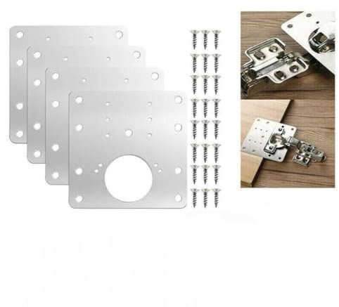Stainless Steel Hinge Repair Plates, 4-Piece Set with 24 Screws, Kitchen Cabinet Bracket Installation Kit, All Plates Individually Packed