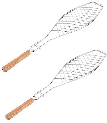 BESPORTBLE Fischgrillclip aus Eisen mit Holzgriff für BBQ und Picknick | Antihaft Netzdesign, Anhaften und Durchfallen, Passend für Lamm und Fisch, 2 Stück