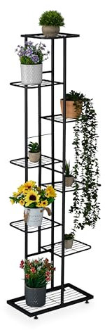 Relaxdays Blumenregal, 8 Ablagen für bis zu 9 Blumen- & Pflanzentöpfe, Metall, Pflanzentreppe, 142x45x22 cm, schwarz