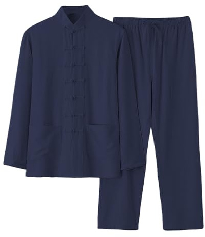 Chemise en lin pour homme - Style chinois - Tenue en lin - Chemises + pantalon en lin - 2 pièces - Tenue de tai chi - Respirant - Costume de kungfu - Coupe droite, Marine, XXL