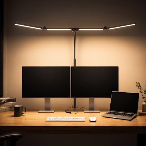 Kary LED Schreibtischlampe Dimmbar mit Klemme, Verstellbare Klemmleuchte | 4-Lichtbalken Klemmbar Tageslichtlampe Schreibtisch Lampe, 360° Schwanenhals, Tischklemme (6,2 cm), 5 Farbmodi & Memory