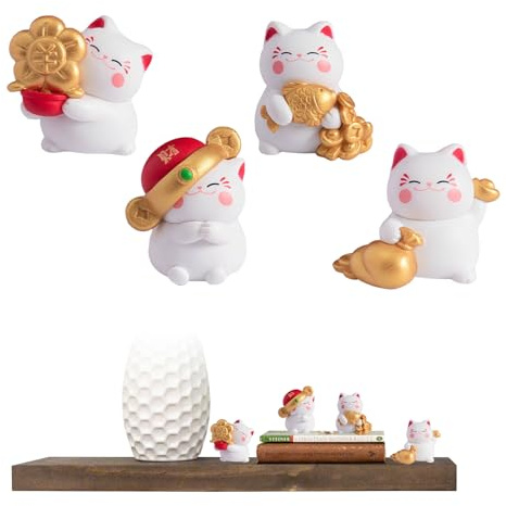 Fatiya 4 Pieces Vivid Lucy Cat Figurines, Cute Fortune Cat Statue, Kitty Miniature Sculpture Trinkets for Wealth Prosperity Success Home Office Car Decor (4 Posture)