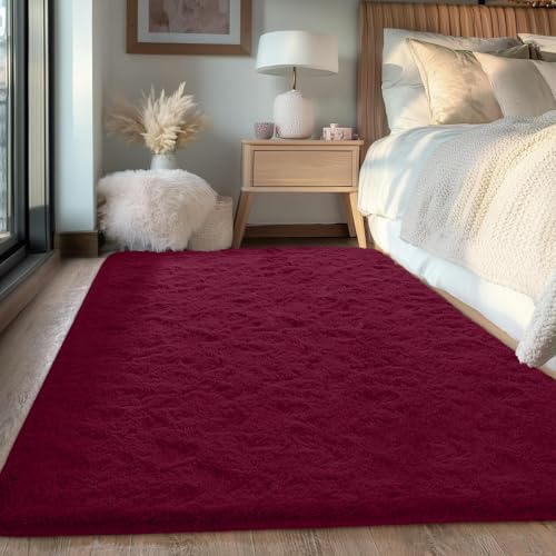 FVVRAX 120x180cm Burgundy Red Shaggy Rug – Soft Fluffy Area Rug for Living Room & Bedroom, Non-Slip Plush Carpet for Kids, Nursery, Dorm, Machine Washable Large Floor Mat