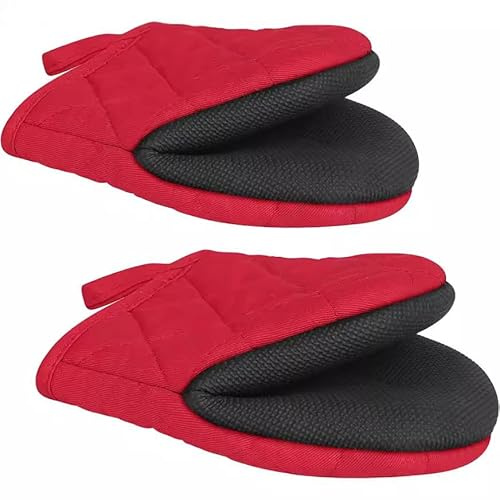 1 Paar Kurze Ofenhandschuhe, Hitzebeständige Küche Mini Ofenhandschuhe, Baumwolle und rutschfeste Grifffläche und Küchenhandschuhe zum Backen Grillen Grillen Mikrowelle Rot