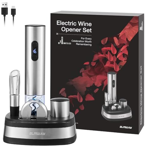 ELMWAY VinoLux Rechargeable Electric Wine Opener Set – Electric Corkscrew with Dual LED Lights, Fast Cork Removal, Premium Storage Base, Foil Cutter, Aerator Pourer & Vacuum Stopper – Silver