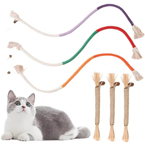 3 Pz Bastoncini Erba Gatta per Gatti e 3pz Giocattolo A Corda per Gatti, Bastoncini Cura Denti per Gatti, Giocattoli Corda per Gatti Giochi da Masticare Bastoncini per La Cura Dentale, Pulire La Bocca