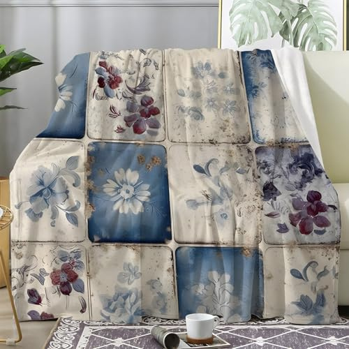 dyausi Plaid Polaire Fleur Bleue Jeté de Canapé - Couverture Motif Fleurs Rétro Patchwork Décoratif - Plaid Lit 2 Personnes en Flanelle Doux et Chaud - 200x200 cm, G-243