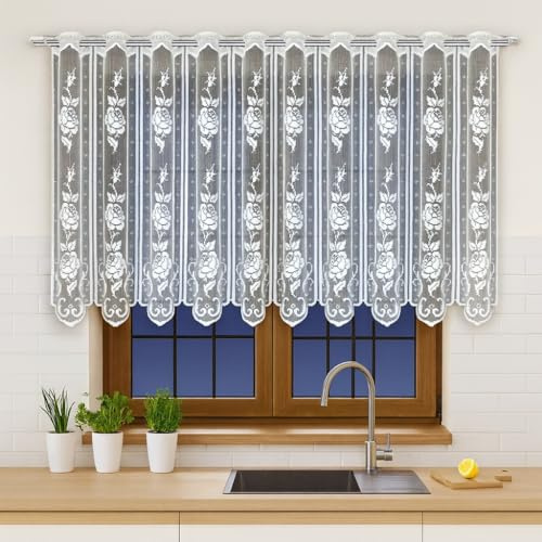 Gardinen Vorhangen Weiß Jacquard 400x50 cm (BxH) Harris Scheibengardine Bistrogardine Fertiggardine Küche Wohnzimmer Schlafzimmer Kalisz Qualität