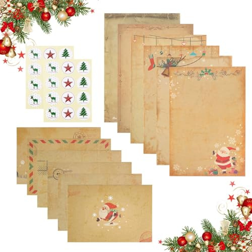 Amztour Juego de Papelería Navideña 24 Piezas Papel de Carta Vintage Navideña con Sobre Tarjetas de Navidad y Artículos de Papelería Navideños para Weihnachtsbriefe Incluye Sobre de Papá Noel