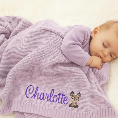 Coperta Personalizzata In Maglia Per Neonati, Coperte Cellulari In Cotone Personalizzate Con Nome Ricamato, Coperte Morbide E Calde Per Neonati 30x40 Pollici Per Maschietti E Femminucce(Purple)