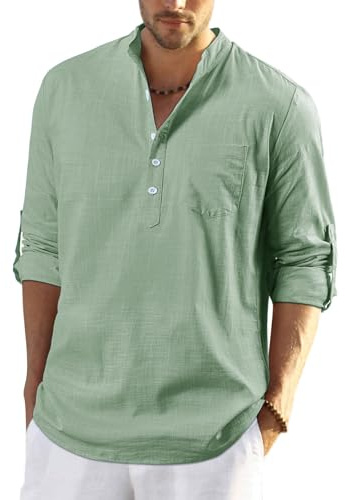 Enlision Camicia da uomo casual in cotone e lino, a maniche lunghe, con bottoni, estiva, leggera, Henley, Verde salvia, XXL