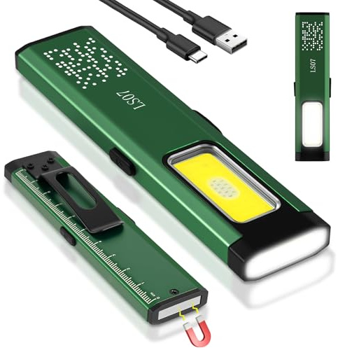 AXFEE Mini Lampe de Poche Plate EDC, Cob Lampe de Travail,Mini Lampe Torche | Lampe de Poche Rechargeable USB C avec Base Magnétique et Clip de Boucle, pour l'entretien, camping,randonnée,l'urgence(Vert)
