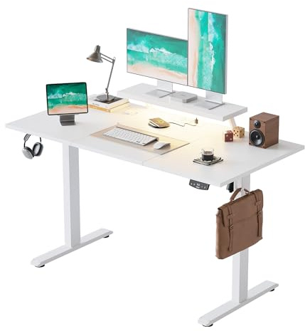 Agilestic Höhenverstellbarer Schreibtisch mit flexiblem Monitorständer | Schreibtisch elektrisch 140 x 60 cm, LED-Lichtleiste, USB-Steckdose, 2 Speicherplätze, für Homeoffice, Weiß