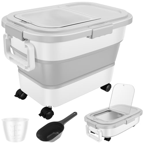 Zhjiutak Dog Food Storage Container, Collapsible Pet Food Container with Casters, 15KG Airtight Folding Dog Foods Bin with Scoop Measuring Cup for Flour Cereal Pet Treat