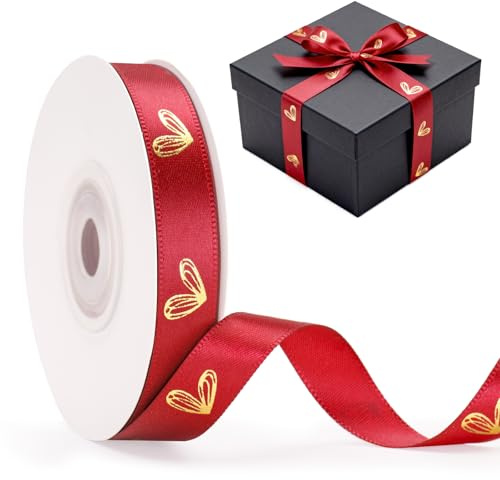 G2PLUS 13mm Red Ribbon with Gold Foil Heart: 20 Yards Gift Wrapping Ribbon for Valentines Day, Mother's Day, Wedding, DIY Packaging
