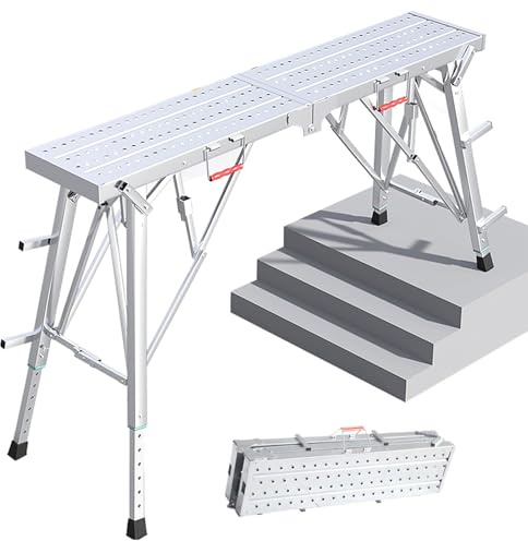 Escalera de andamio plegable ajustable, plataforma de trabajo portátil con mango de seguridad para uso en interiores y exteriores, ideal para tareas de construcción, pintura y reparación