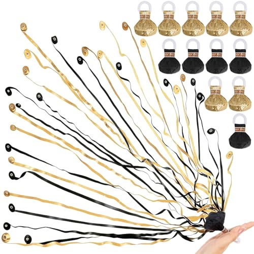 JarThenaAMCS 30 Stk Black Gold No Mess Streamer Poppers Hand Throw No Confetti Streamers for New Years Celebrations Graduation Wedding Birthday Festival Party Decoration Supplies