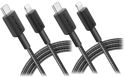 Anker 322 USB-C to Lightning Cable Braided MFi Certified iPhone Charger Cord for iPhone 15, 14, 13, 12, 11, iPad, AirPods – Durable Fast Charging Data Sync Cable Long Length – Black, 6ft, Pack of 2