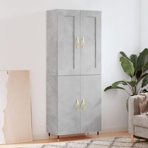 QUAHEAS Highboard betonggrå trämaterial 69,5 x 34 x 180 cm med metallfötter, förvaringsbänk, bufféskåp för vardagsrum, matsal, köksbuffé, stabilt förvaringsskåp