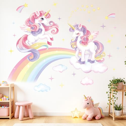 SHUCHING Wandtattoo Einhorn für Kinderzimmer Mädchen | Wandsticker Regenbogen, Selbstklebende Wandaufkleber für kleine Mädchen