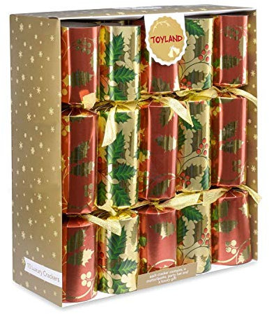 Toyland 10 x Deluxe Grandi Cracker di Natale - Rosso, Verde e Oro con Design di Agrifoglio
