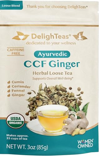 DelighTeas Organic Digest & Detox CCF Tea with Ginger | Ayurvedic Cumin, Coriander, Fennel, Ginger Loose Leaf Tea for Digestion | USDA Organic, Non-GMO, Caffeine Free, Sugar Free | 40 Servings, 3oz