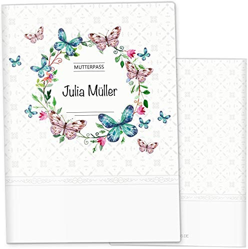 OLGS Mutterpasshülle personalisiert 3-teilig Blumenkranz Schwangerschaft Geschenkidee Schutzhülle für den Mutterpass | Für werdende Mütter (Mutterpasshülle personalisiert, Schmetterling)