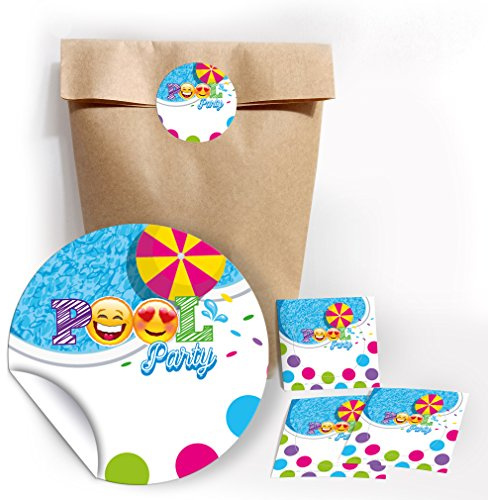 JuNa-Experten 12 Party-Tüten + 12 Aufkleber für Gastgeschenke Mitgebseln beim Kindergeburtstag Schwimmbad/Geburtstag/Kinderfest/Papier-Tüten für Geschenkverpackung
