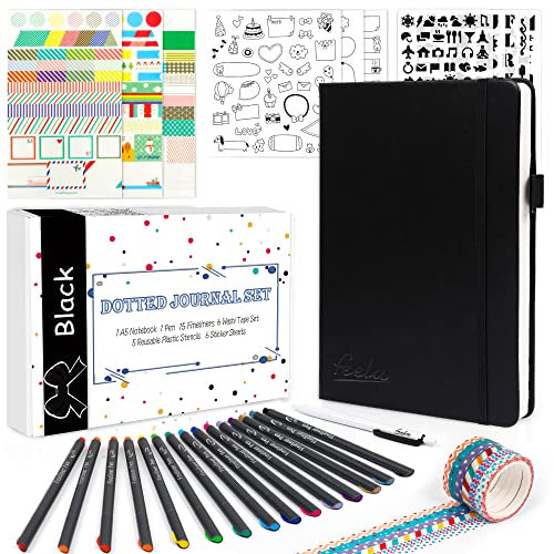 feela Bullet Journal Buch, Notizbuch A5 dotted Set mit 224 Seite Notizbuch gepunktet hardcover, Fineliner, Schablonen, Sticker, Washi-Tape, Gelstift, schwarzes Din A5 Notizbuch PU Leder für Tagebuch