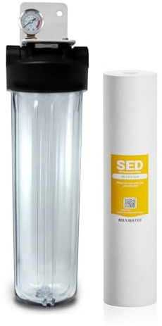 20 x 4.5 1 Stage Whole House Water Filter System, 1 NPFT Port Single O Ring Clear Housing + Liquid Pressure Gauge with 5 Micron Polypropylene Sediment Water Filter and Wrench