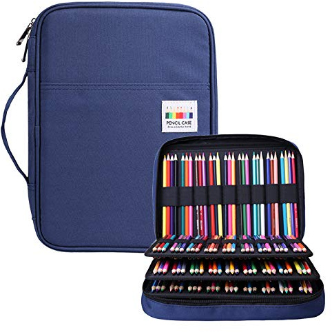 BOMKEE Federmäppchen mit 220 Schlitze Mehrschichtige Bleistift Organizer für Prismacolor Aquarell Bleistifte, Crayola Buntstifte, Marco-Stifte, Kosmetikpinsel(Blau)