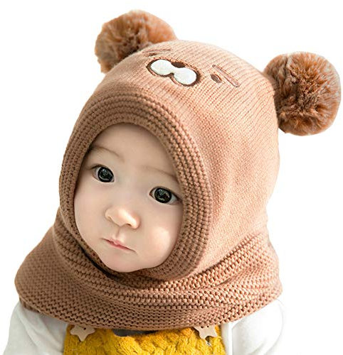 Vobozeany Baby schlupfmütze Warm Niedlich Bär Wintermütze Schalmütze Strickmütze mit Bommel Fleecefutter Beanie Mütze