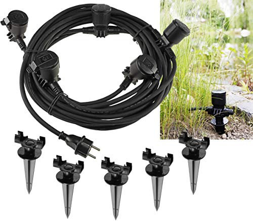 ChiliTec Gartensteckdose 15m Gummikabel 5-Fach Außensteckdose mit Deckel IP44 Stromverteiler Steckdose Abstand 2,5m Mehrfachsteckdose für Aussen Garten Beet Schwarz