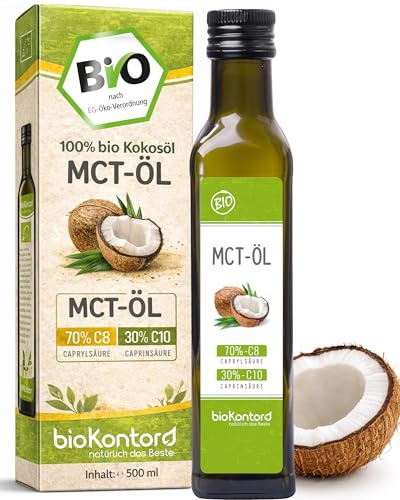 bioKontor – BIO MCT Öl 500ml – aus 100% bio Kokosöl – MCT Öl C8 C10 | mit 70% Caprylsäure & 30% Caprinsäure – geschmacksneutrales MCT Öl – 100% Kokosöl – MCTÖl – vielseitig verwendbar