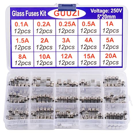 GUUZI 15 Valeurs 180pcs 5×20mm 250V Kit d'assortiment de Fusibles en Verre à Fusion Rapide 0,1A/0,2A/0,25A/0,5A/1A/1.5A/2A/3A/4A/5A/8A/10A/12A/ 15A/20A