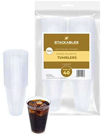 STACKABLES – Lot de 40 gobelets en plastique rigide de 414 ml - Verres de fête transparents - Polyvalents et élégants - Réutilisables - Pour mariages, événements, pique-niques, camping et extérieur