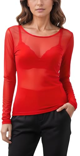Haut Femme Mesh Transparent Manches Longues, Top Tulle Seconde Peau,Rouge,Idéal Superposition avec Caraco, Look Chic Soirée