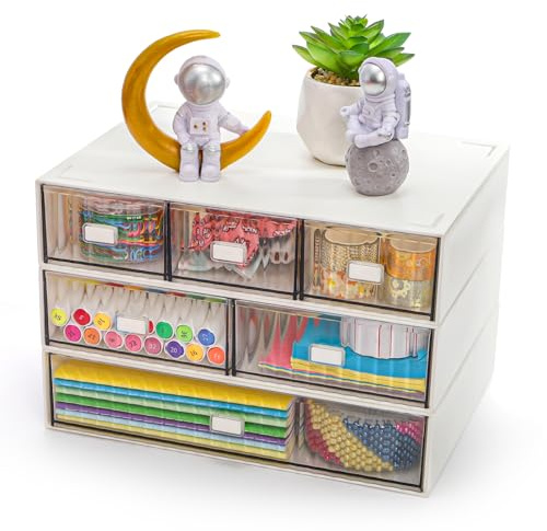 Hacaroa 3 Tier Mini Desk Organizer with 6 Drawers, Plastic Desktop Drawers Storage Box, Stackable Makeup Organizer Craft Storage Case for Office, School, Bathroom, Detachable Design, White