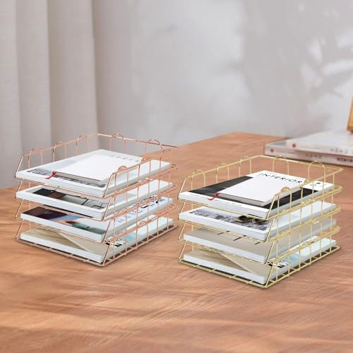 4 Fächer Dokumentenablage Metall Büro Stapelbarer Dokumentenhalter A4 Schreibtisch Ablage Organizer Ablagesysteme Briefablage Schreibtischablage Briefkorb für Schule Zuhause Büro (Gold)