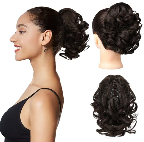 REECHO Ponytail Extension - 23 cm Kurze lockige gewellte Haarklammer Haarteil Pferdeschwänze Haarverlängerungen Haarteile für Frauen Ponytail Extension - Schwarz Braun