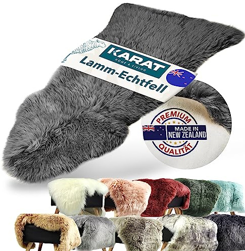 KARAT Audrey (Charcoal Grey) - Tappeto in Vera Pelliccia di Pecora con Dorso in Pelle, Altezza ca. 60 mm, in Morbida Pelliccia di Agnello, Decorazione