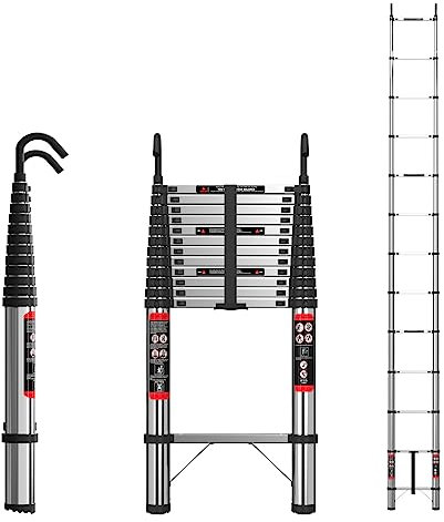 Échelle Télescopique 5M/16.4FT - Acier Inoxydable - Compacte, Marches Réglables, Extensible et Pliable - Idéale pour Nettoyer Les Gouttières, Décorer, Peindre Les Murs