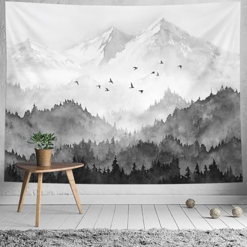 kampdream Wandteppich mit Bergwald, neblig, schwarz und weiß, Baumlandschaft, Aquarell-Kunst, Wandteppich, Naturlandschaft, Wandteppich für Schlafzimmer, Wohnzimmer, Hintergrund, 152,4 x 203,3 cm